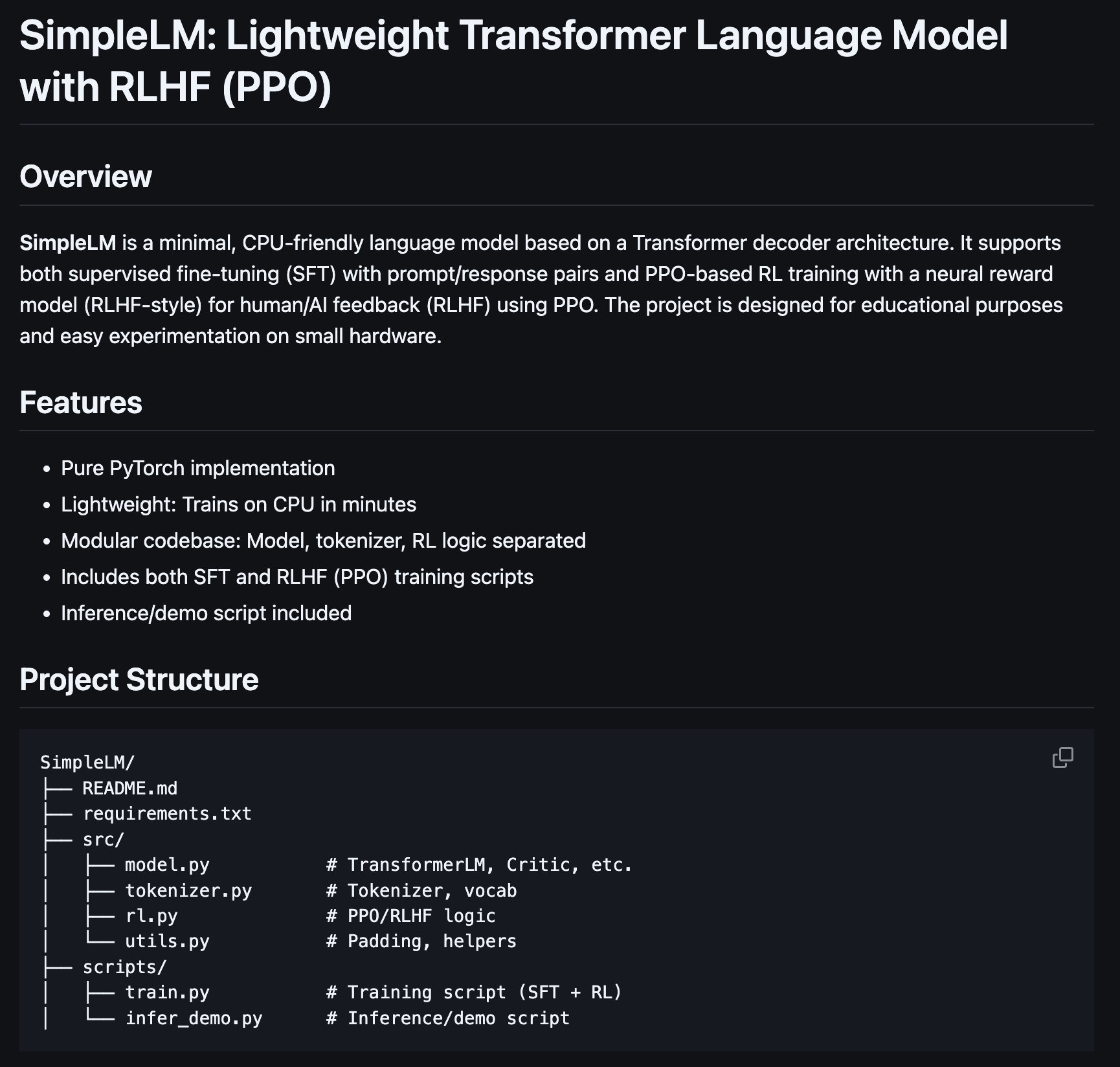 SimpleLM: Lightweight Transformer Language Model with RLHF (PPO)